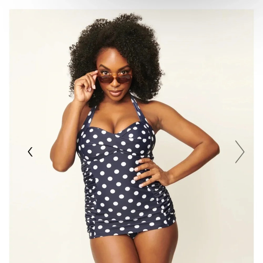 Unique Vintage Navy & White Polka Dot Corinne Halter Sheath Swimsuit,Medium, NWT - Picture 5 of 12
